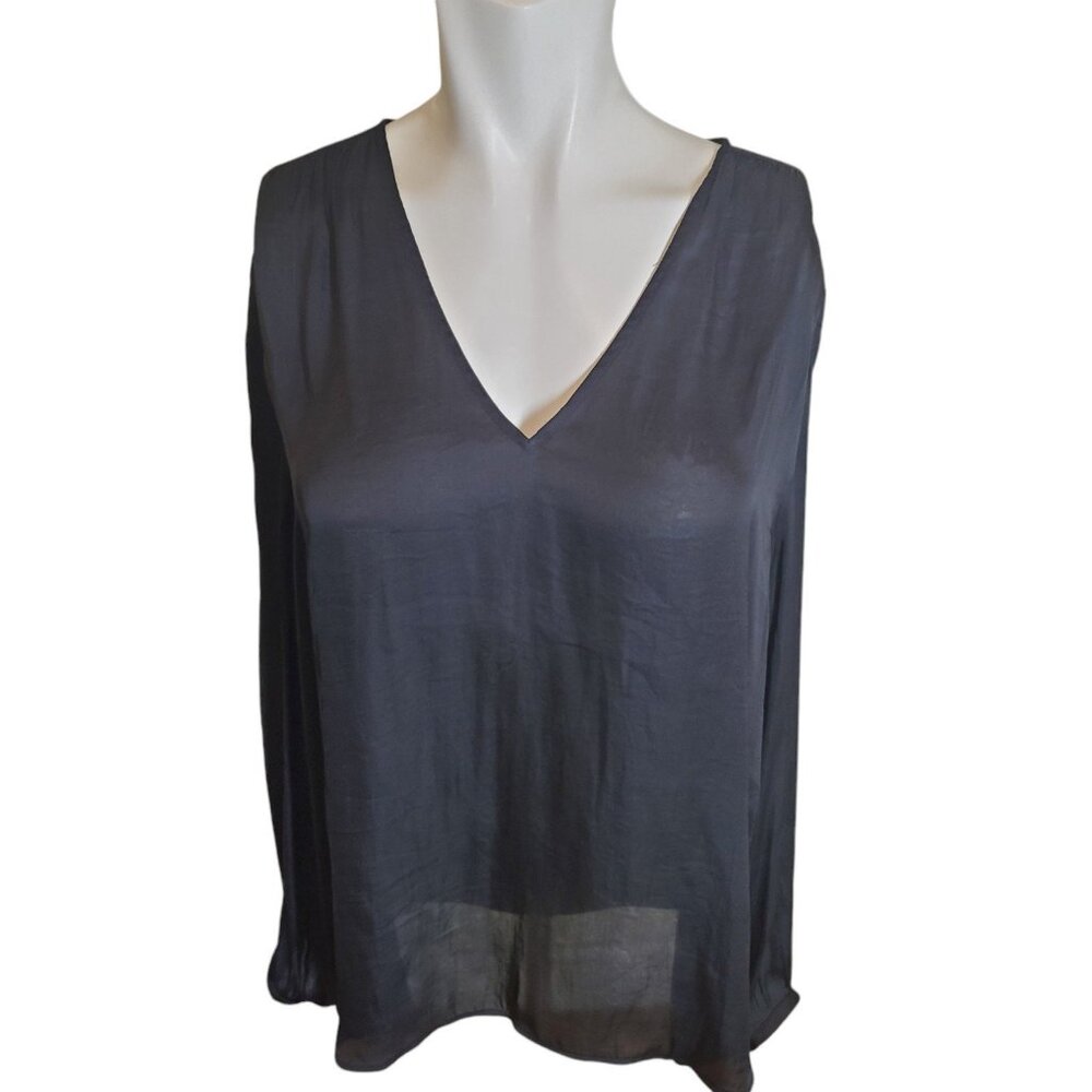 Banana Republic Sheer Satin Blouse V Neck Pleated Blouse Black Sz XL